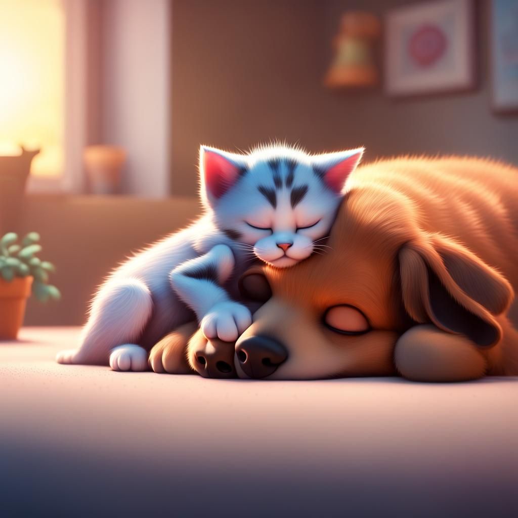 Kitten Nap on Dog: 3D Digital Art