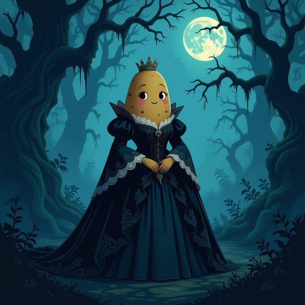 Gothic Potato Queen in Ancient Forest, 16-Bit Pixel Art Styl...