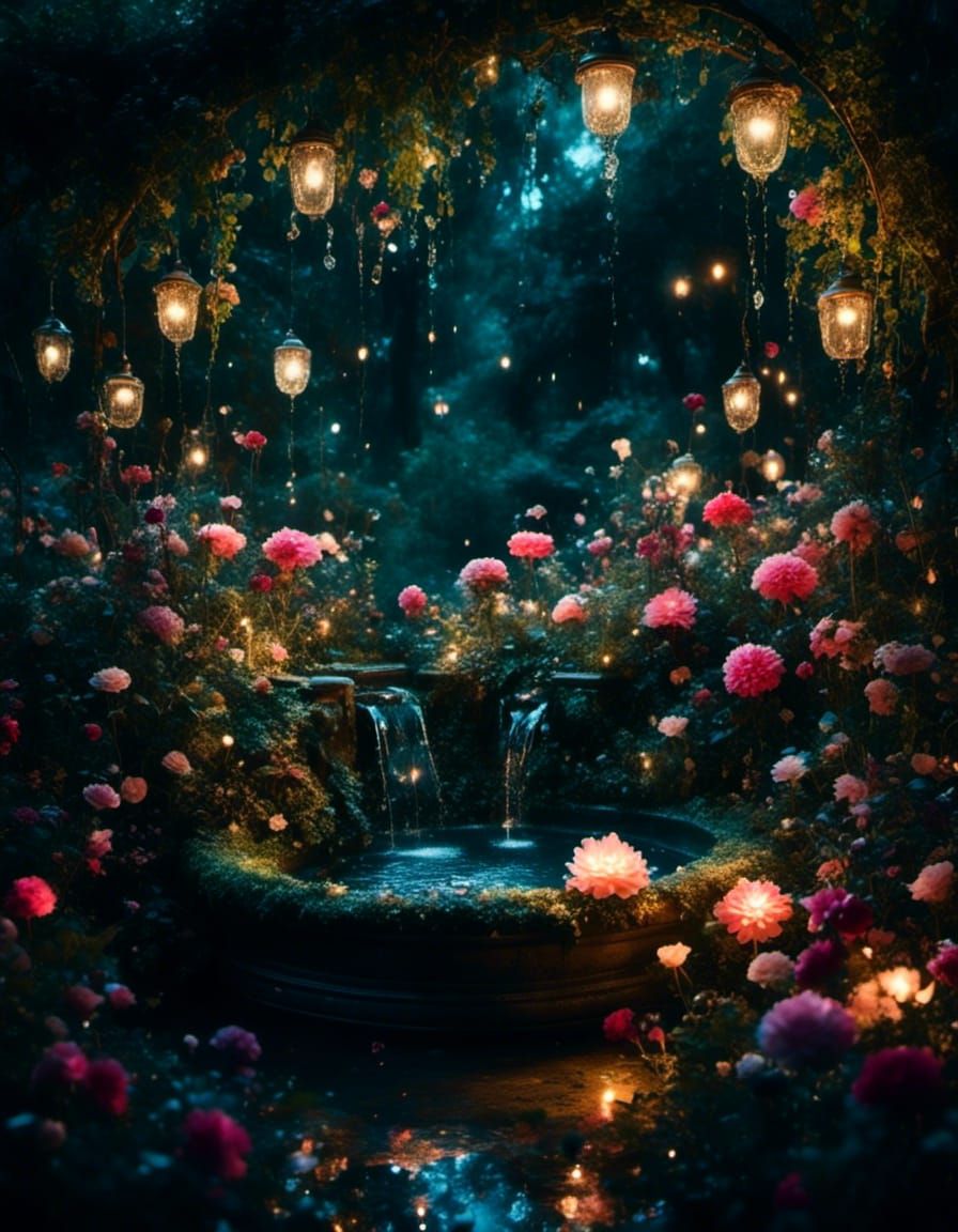 Enchanted Fountain in Overgrown Garden at Night