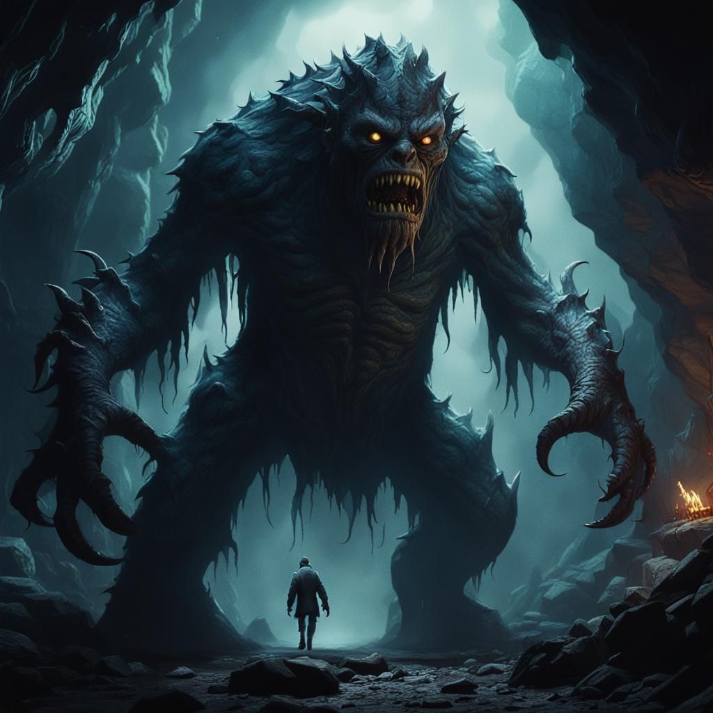 Terrifying Creature in Dark Cave: Tenebrism, Photoreal