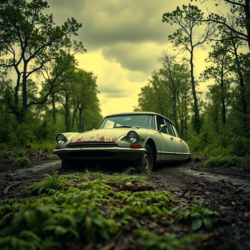 Surreal 1970s Car Stuck on Remote Road