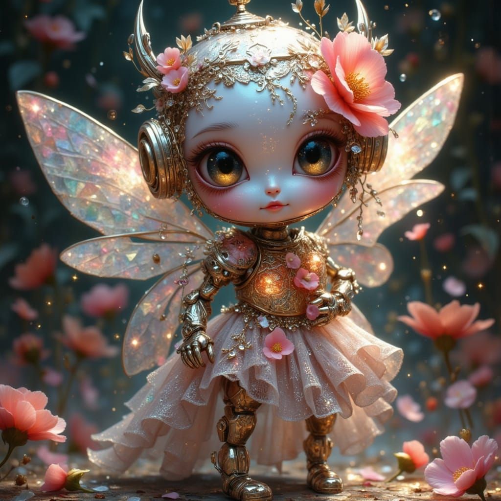 Elegant Nymph Cyborg Robot with Floral Metal Body