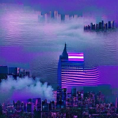 Vaporwave Cityscape at Night in Purple and Blue