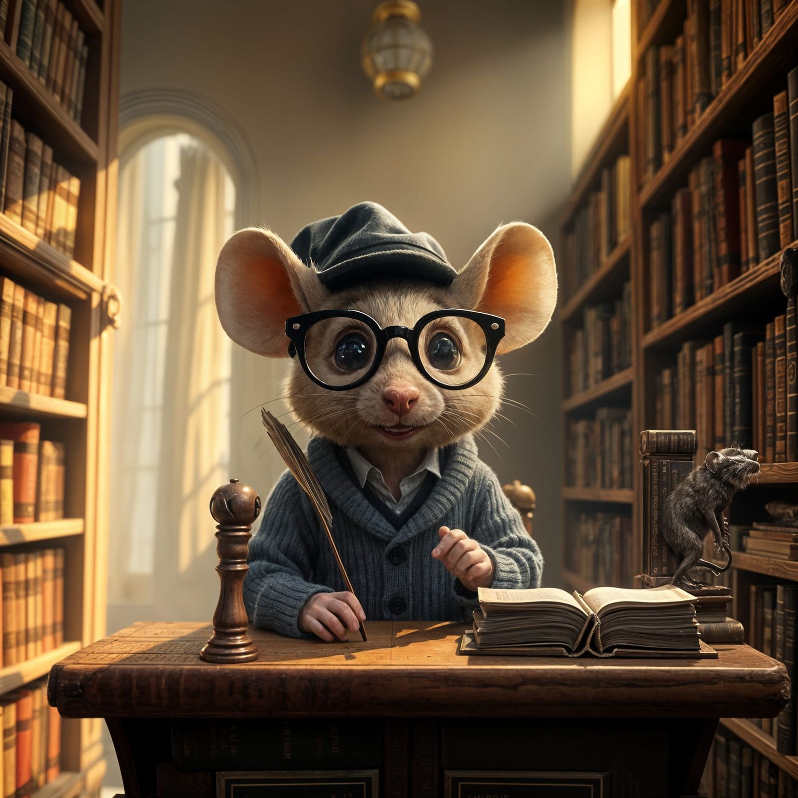 Charming Cartoon Librarian in a Dreamlike Library