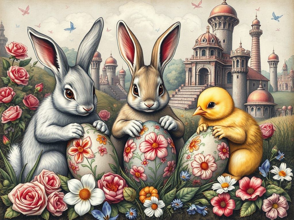 Easter Bunnies Painting Floral Eggs in Renaissance Style
