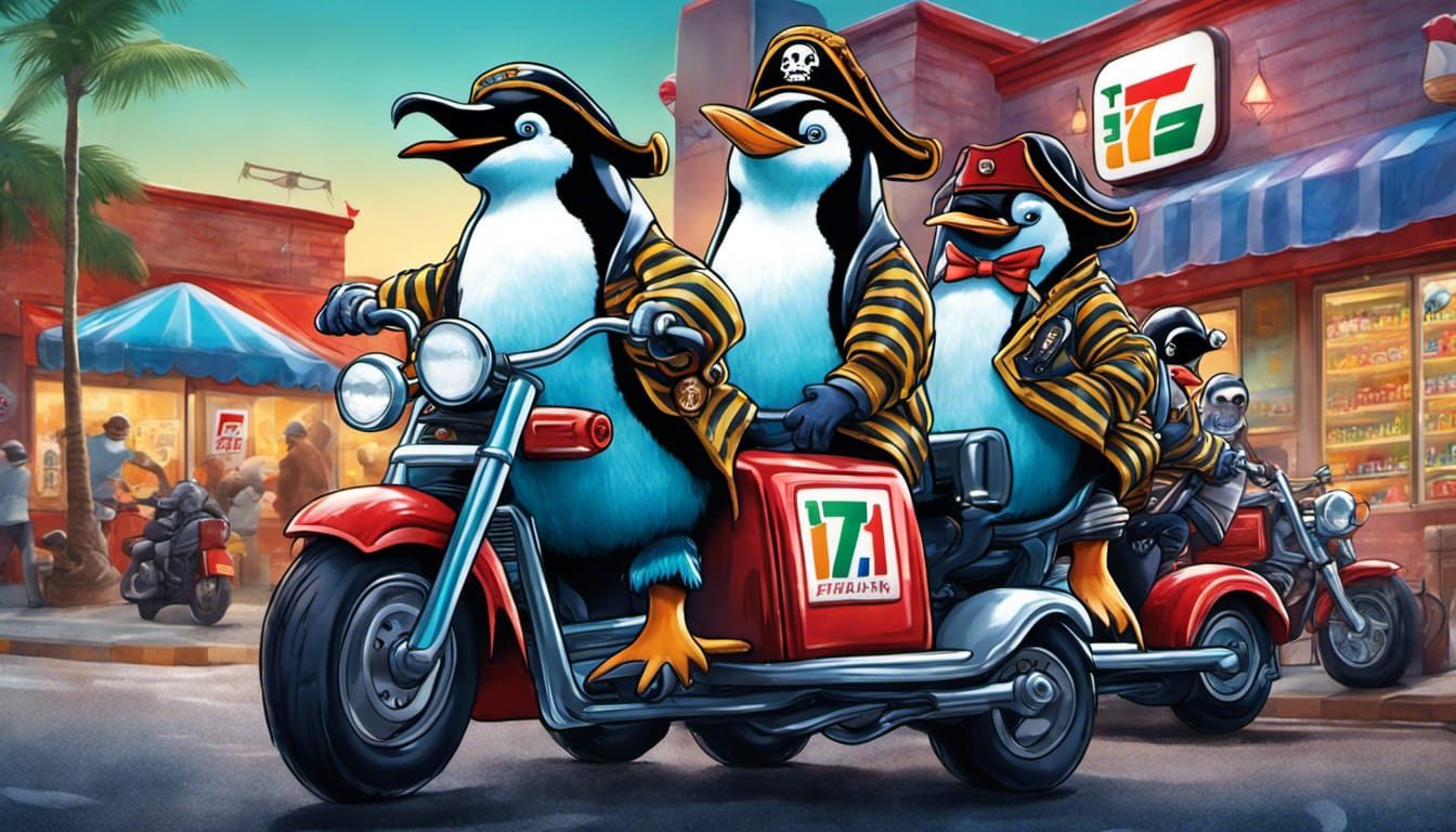 Penguin Pirates Stealing Ice on Motorcycles
