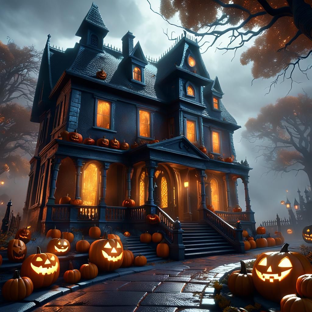 Ethereal Haunted House with Jack-o'-Lanterns