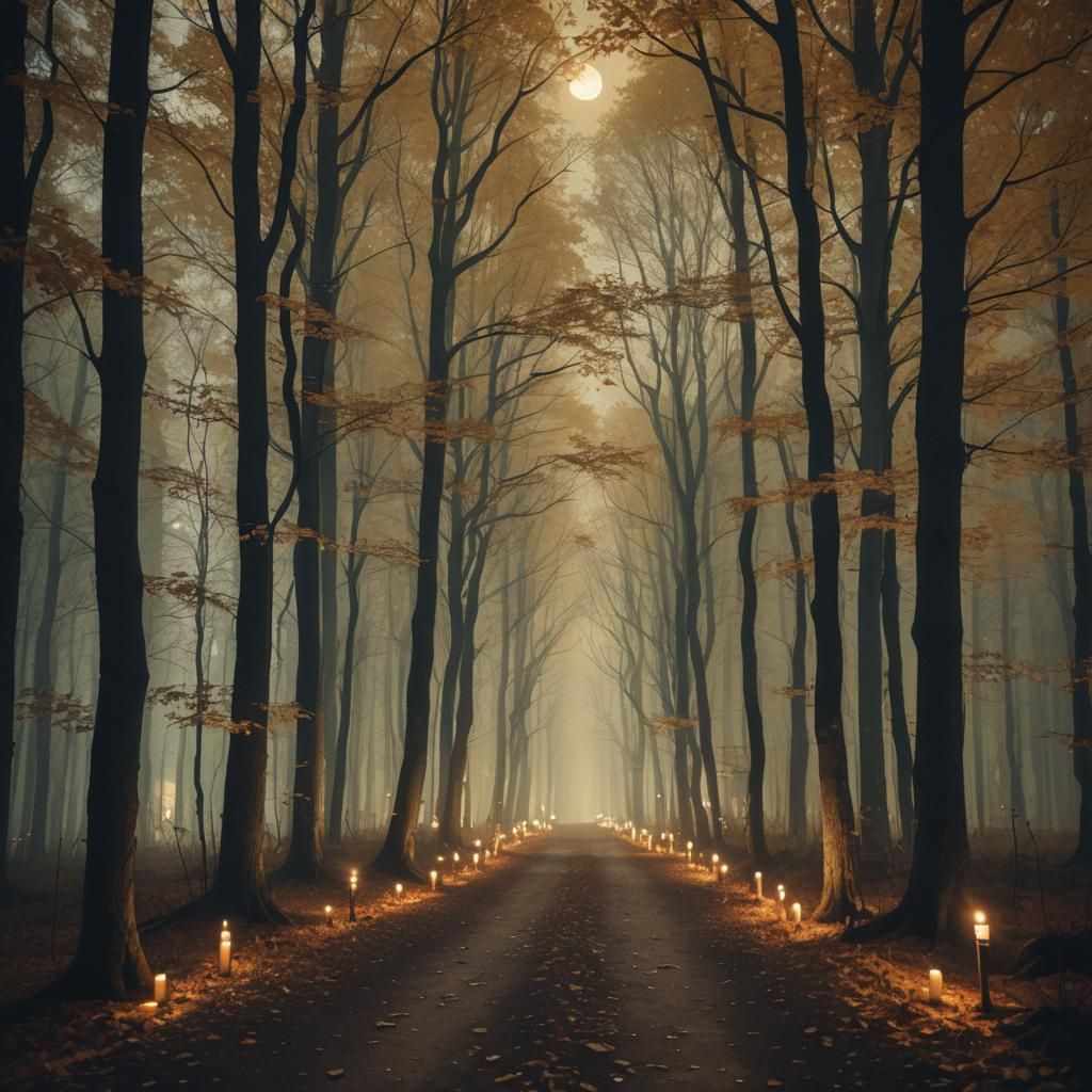 Autumn Forest Path Lit by Candles Under Moonlight