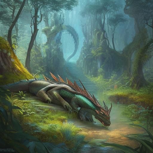 Nature Dragon Surrounded by Animals in Lush Forest