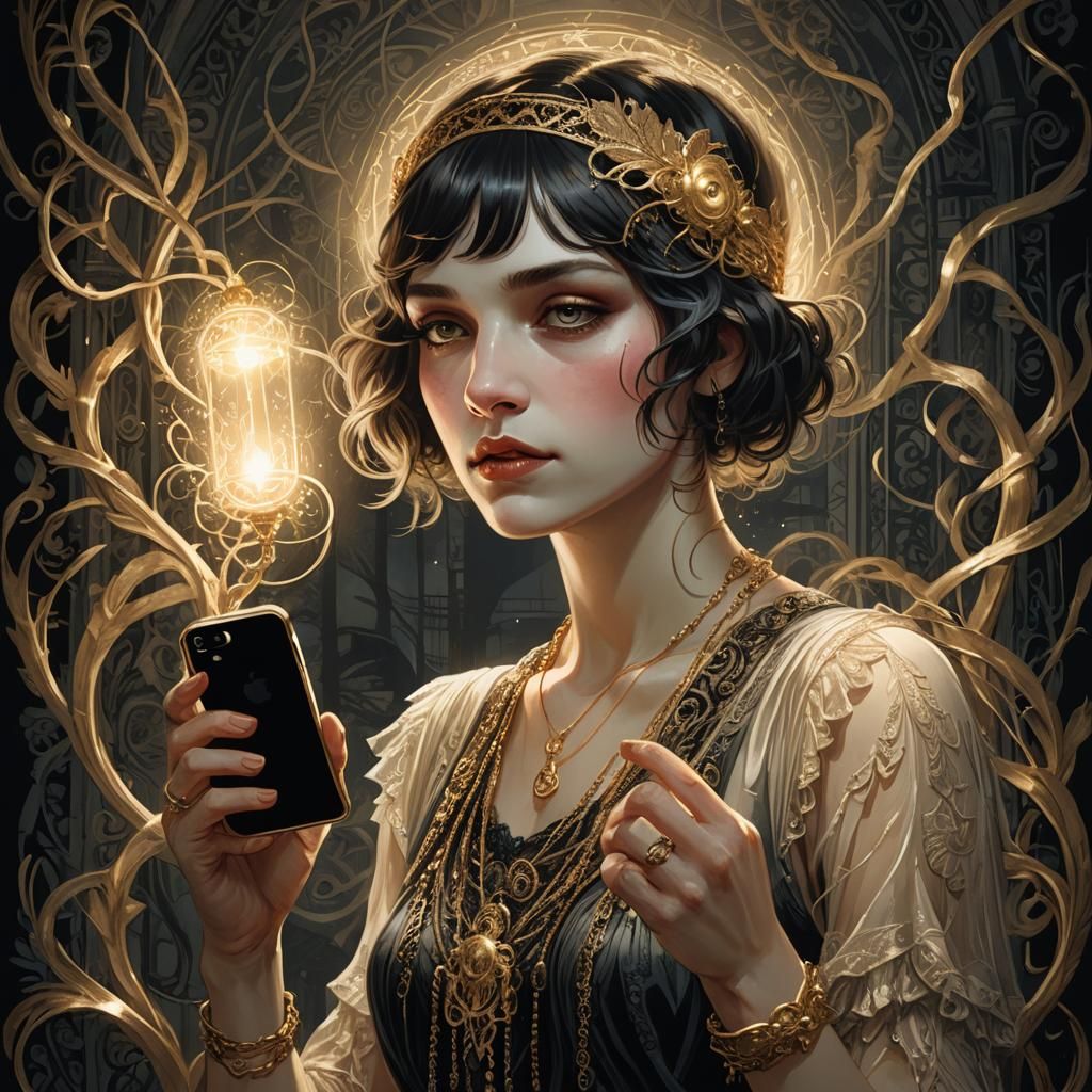 Flapper Girl with iPhone in Dark Fantasy Style