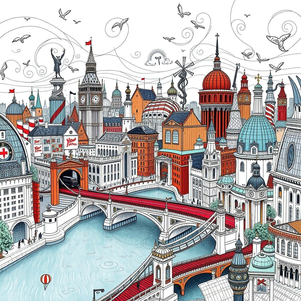 Whimsical London Cityscape in Dr. Seuss Style