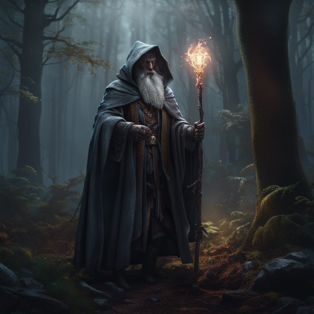 Fantasy Wizard in Forest, Digital Art