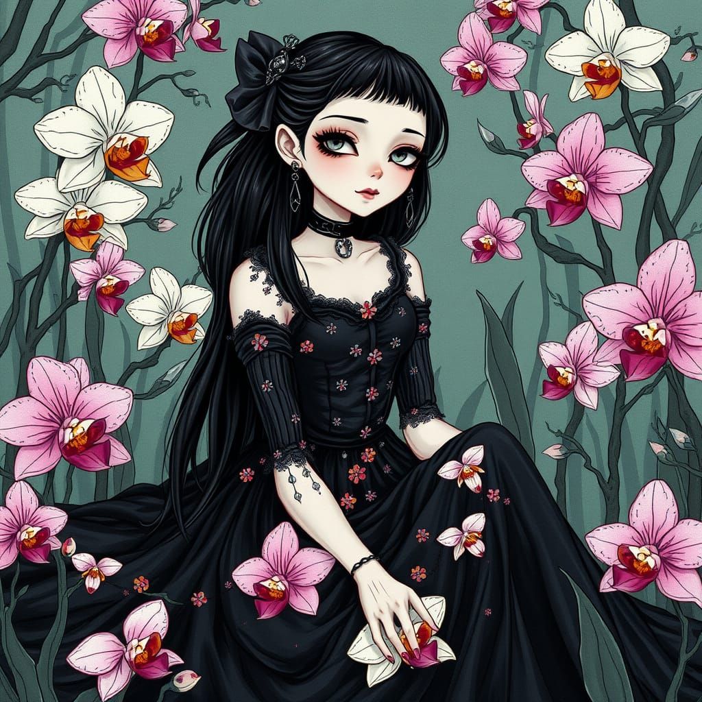 Gothic Elegance: Emo Girl Amidst Exotic Orchids