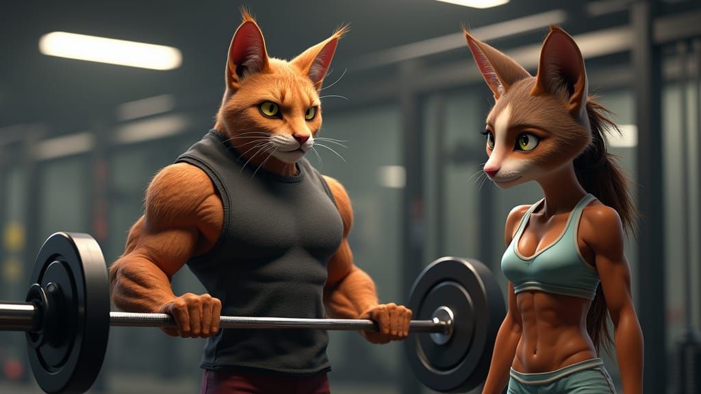 Muscular Cat Lifting Weights in Modern Gym