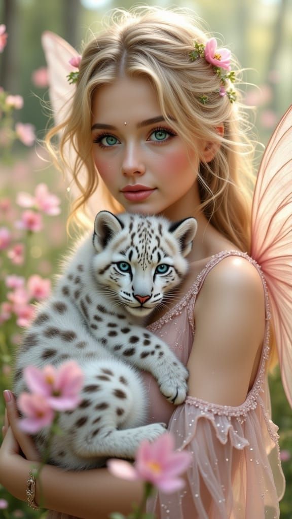 Ethereal Fairy Woman with Snow Leopard in Pre-Raphaelite Sty...