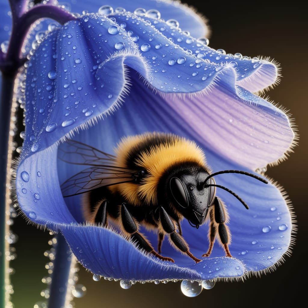 Shaggy Bumblebee Rests in Dew-Covered Bluebell