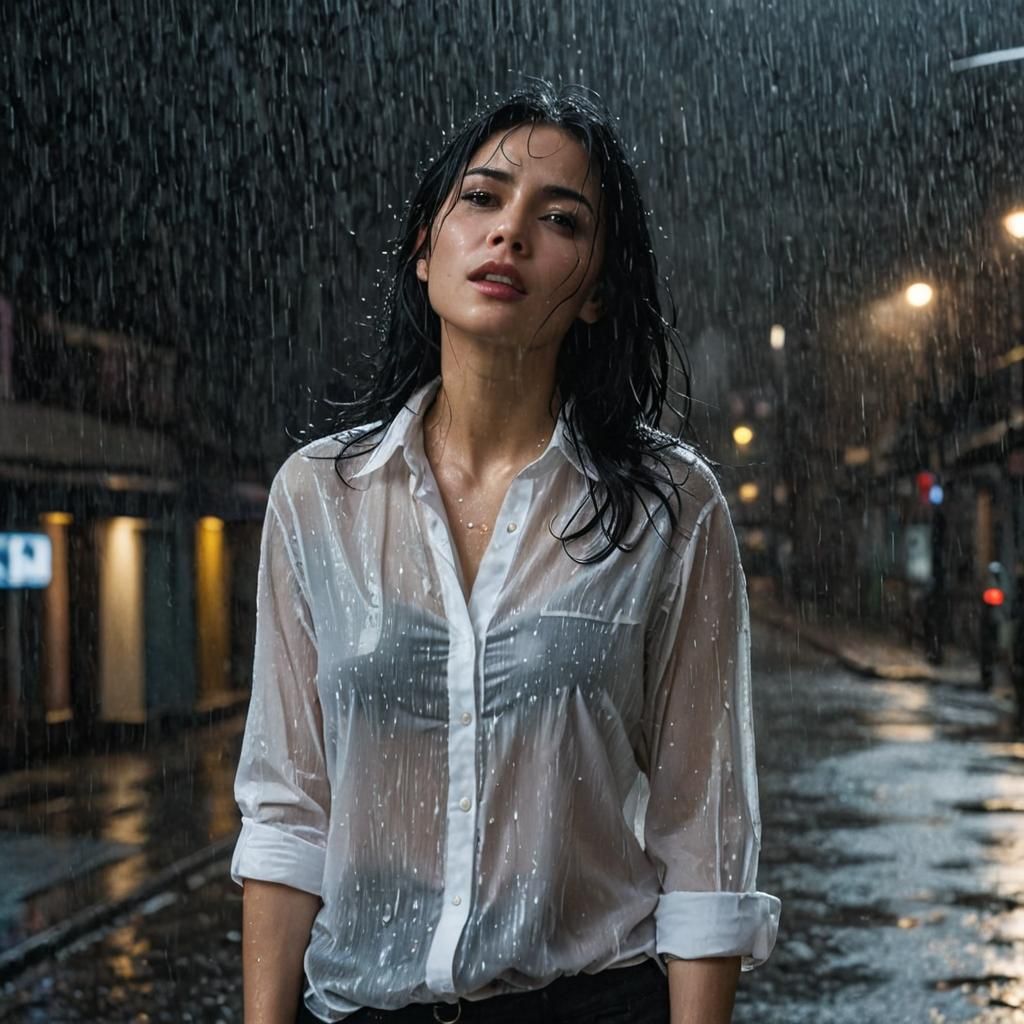Woman in Rain on Empty City Street