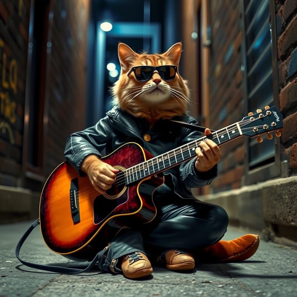 Blues Cat Plays Guitar in Alley