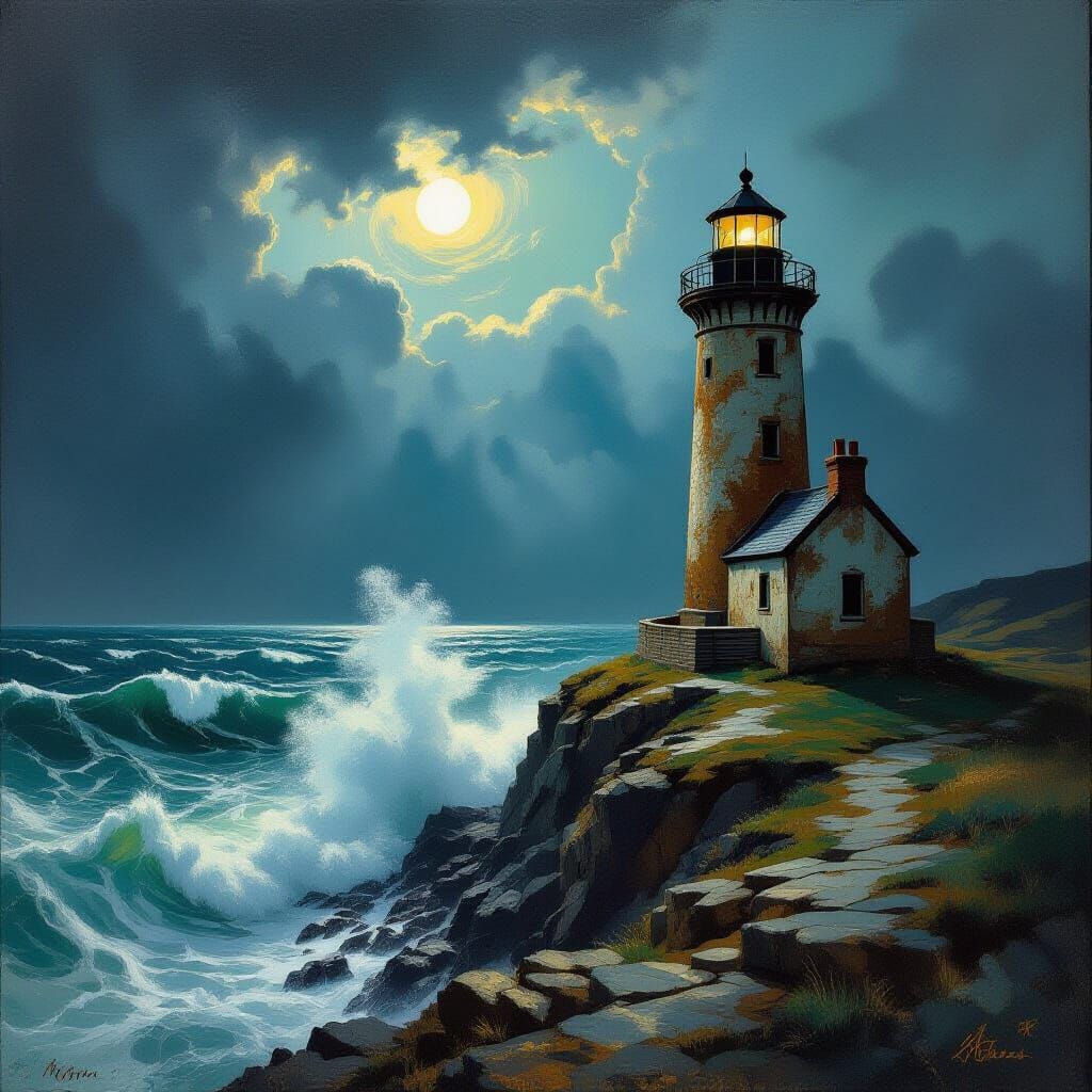 Solitary Lighthouse on Windswept Cliff in Stormy Seas