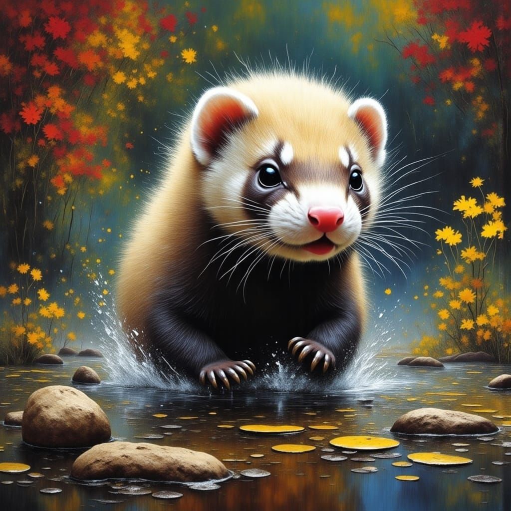 Ferret in Vibrant Lush Forest Scene, Blending Concept and Ph...