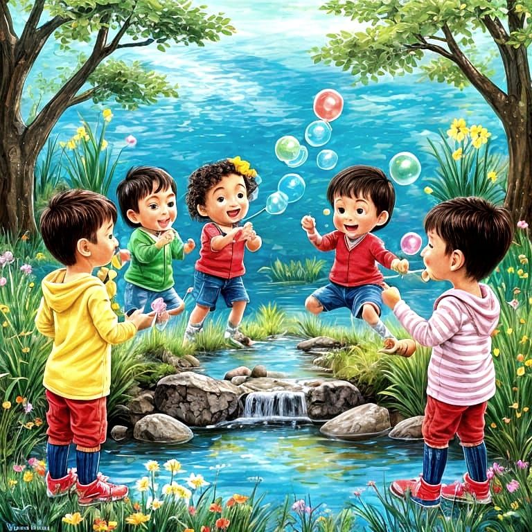Children Blowing Bubbles by a Stream