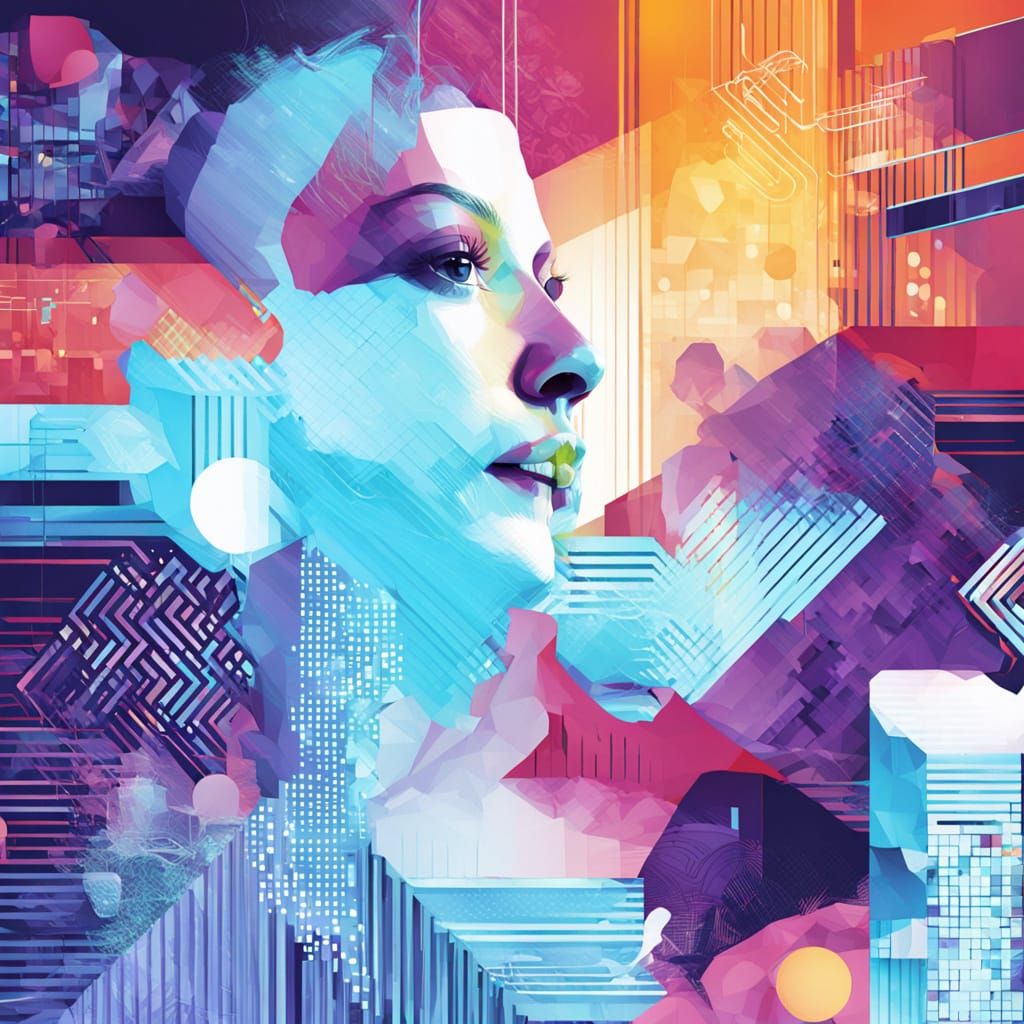 Futuristic Woman in Glitching Neon Cityscape