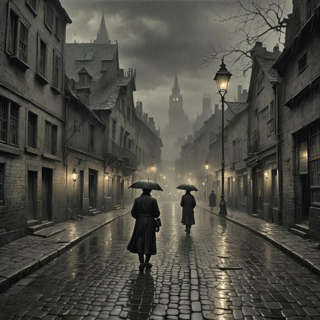 Rainy Cobblestone Street Scene in a Gothic Horror Style