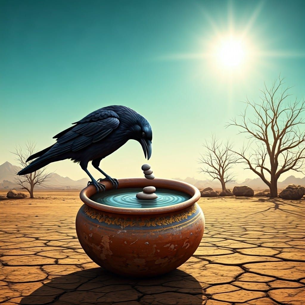 Crow and Pitcher in Myanmar Landscape