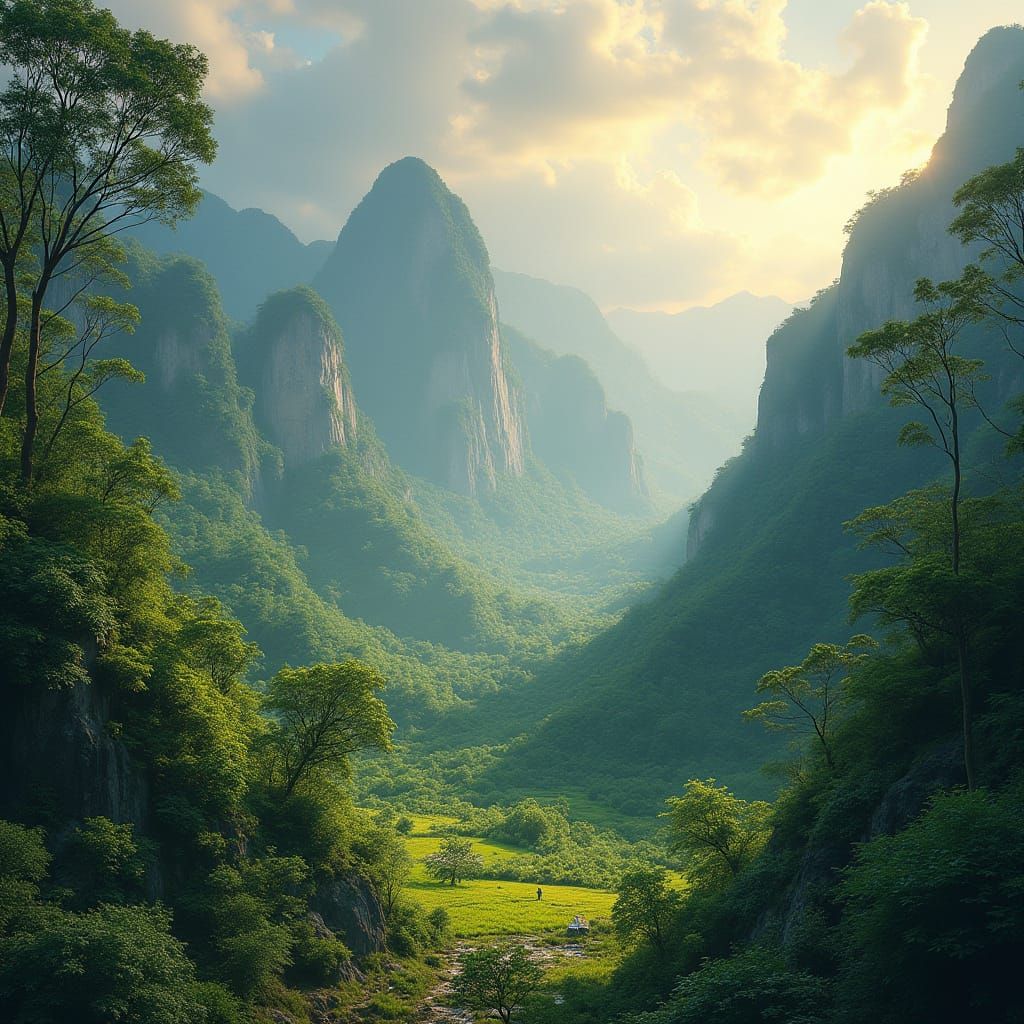 Lush Southeast Asian Landscape in Painterly Style