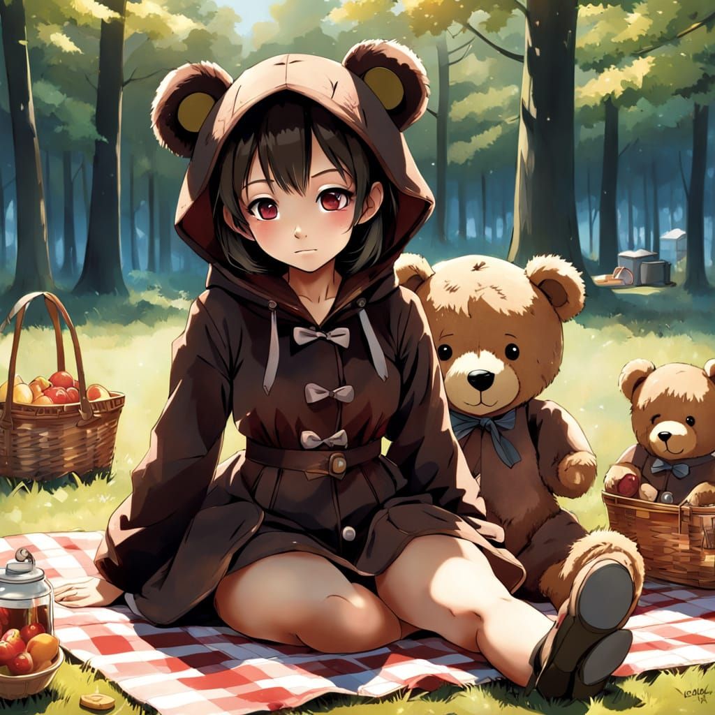 Anime Girl in Teddy Bear Costume on Picnic