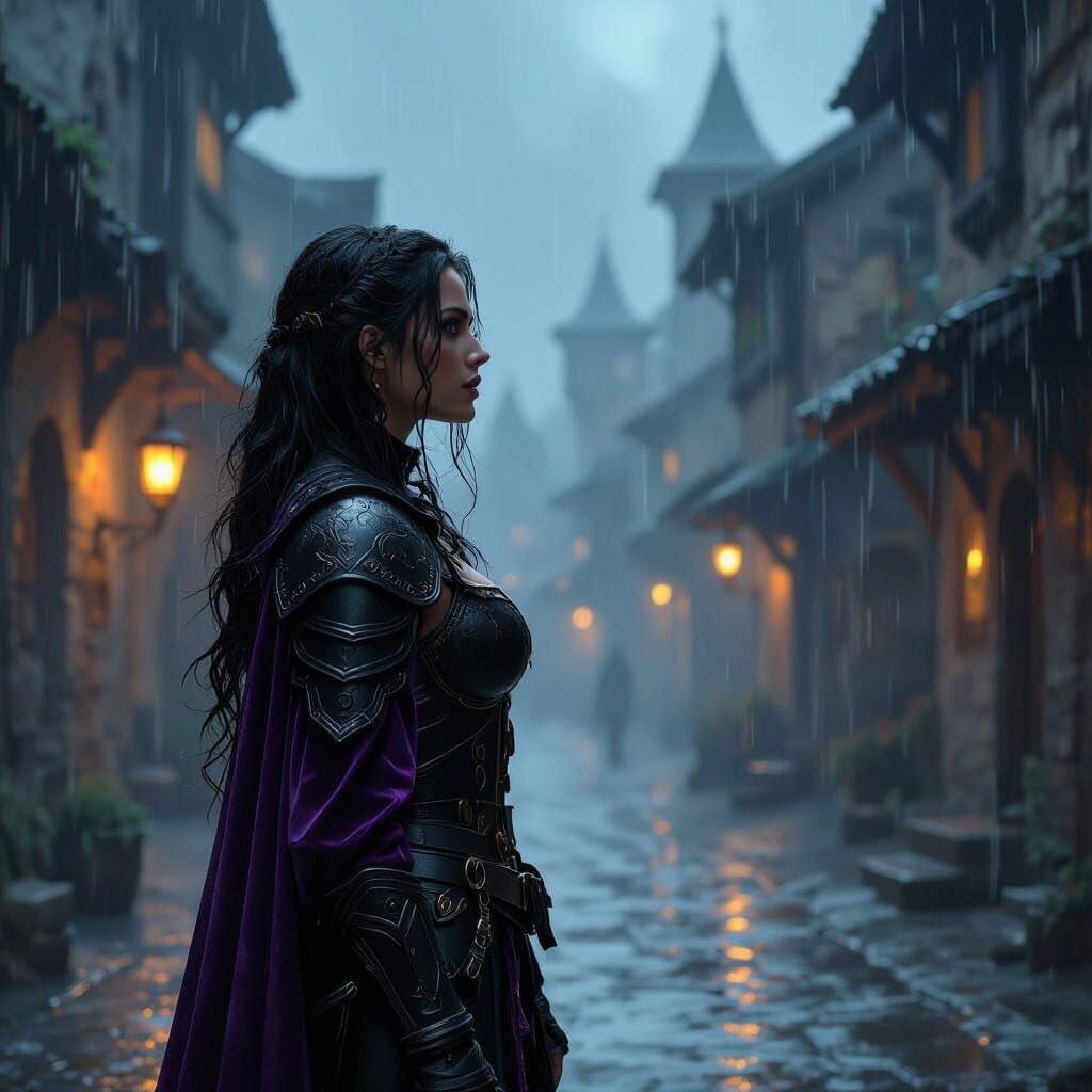 Medieval Warrior in Stormy Village, Dramatic Lighting
