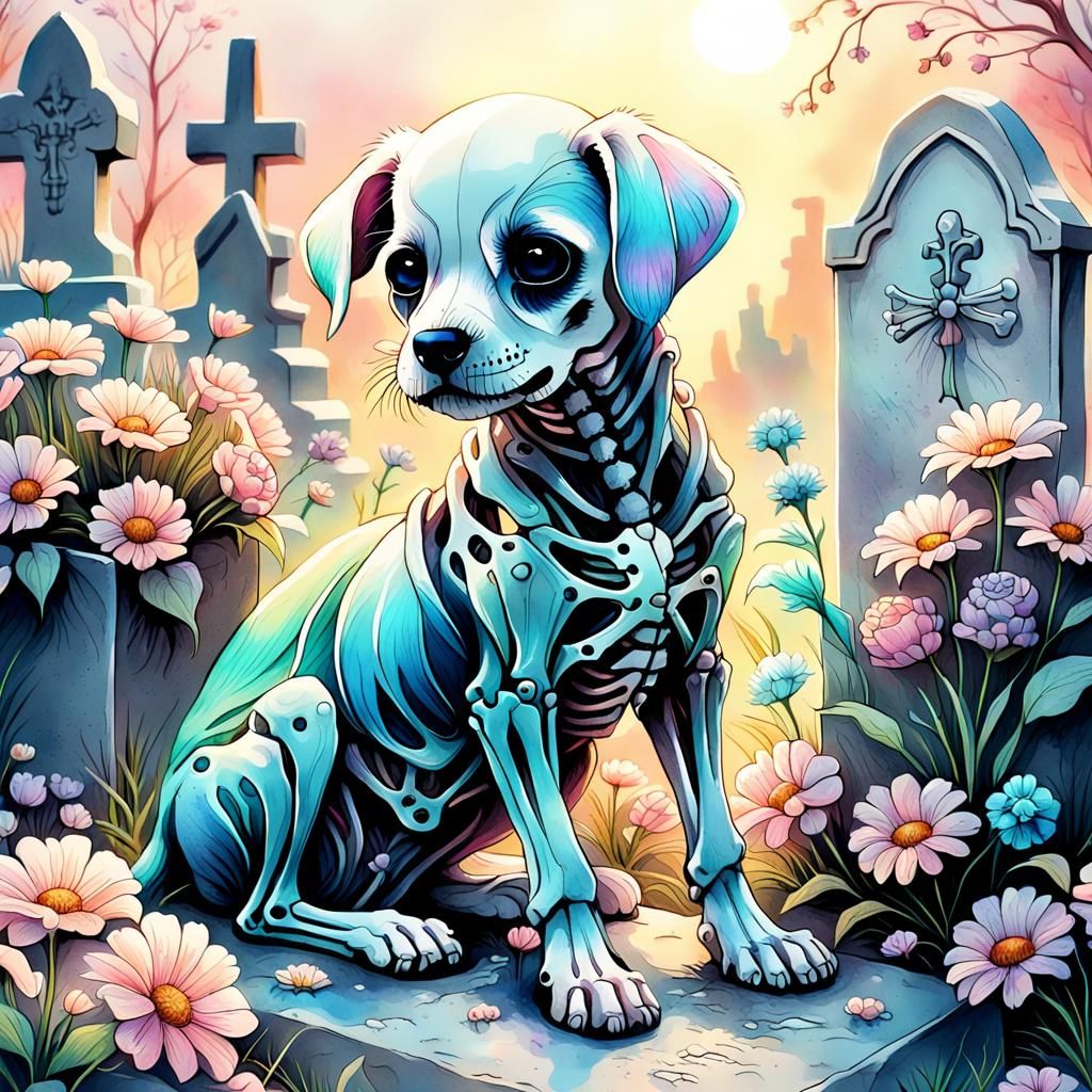 Pastel Gothic Puppy Skeleton Watercolor Painting