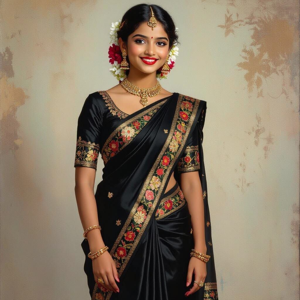 Woman in Black Sari with Garland in Ravi Varma Style