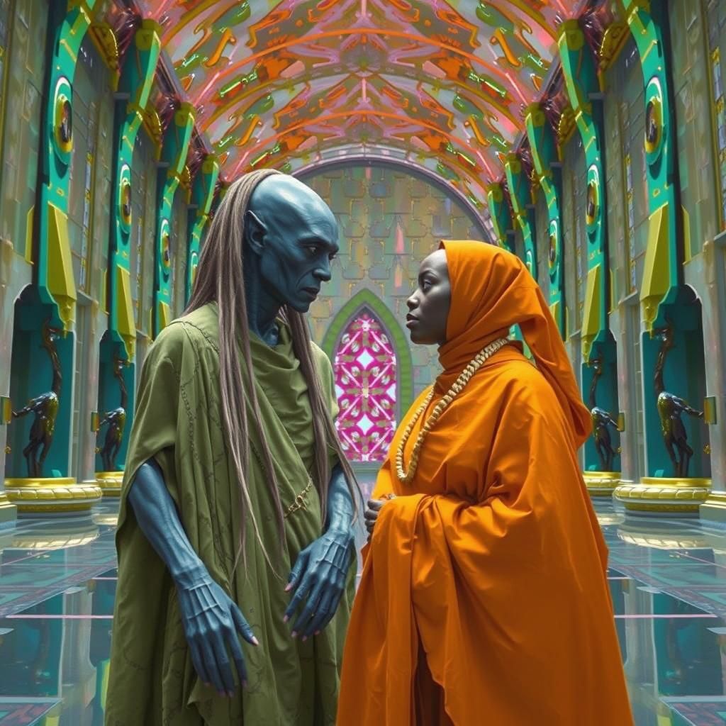 Surreal Alien Encounter in Iridescent Hall