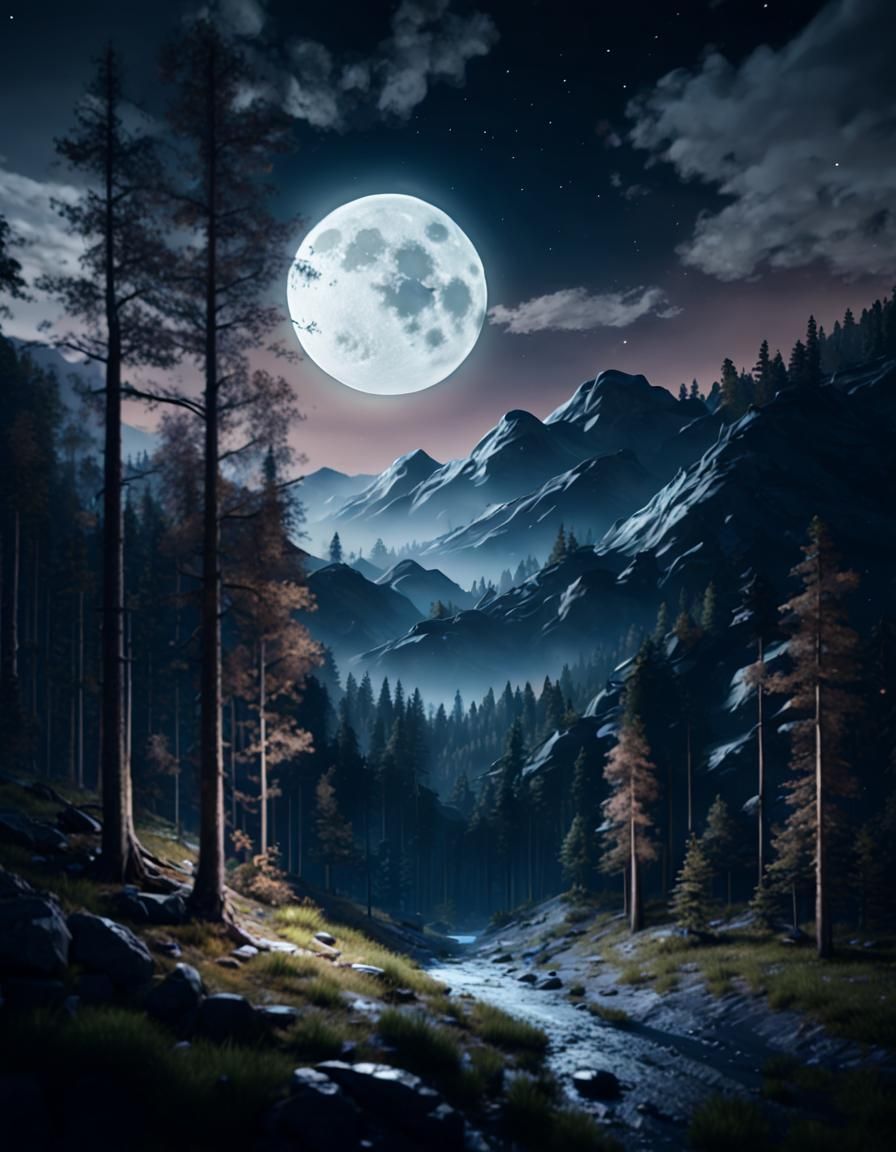 Night Mountain Forest Under Moonlight: 16K HDR