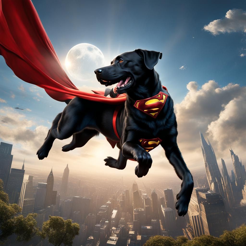 Black Labrador Superhero Soaring in the Sky