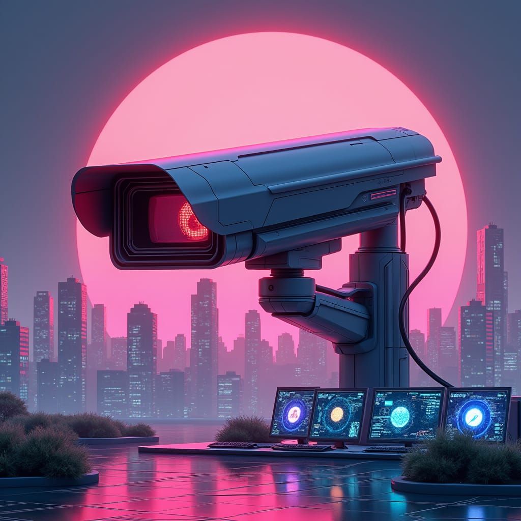 Futuristic Cityscape Poster with CCTV Camera and Computers