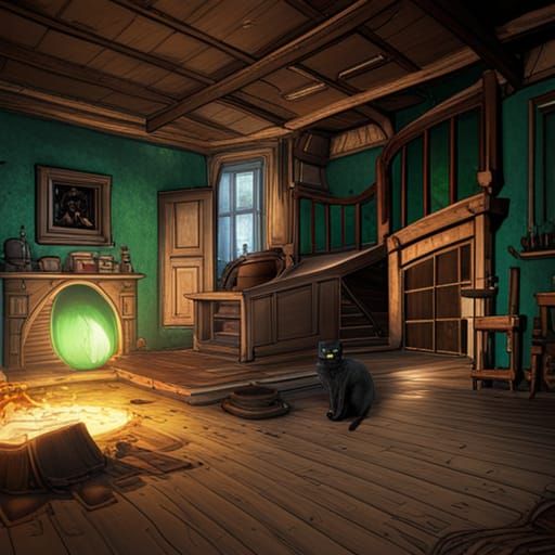 Black Cat in Witch House: Dark Fantasy Art