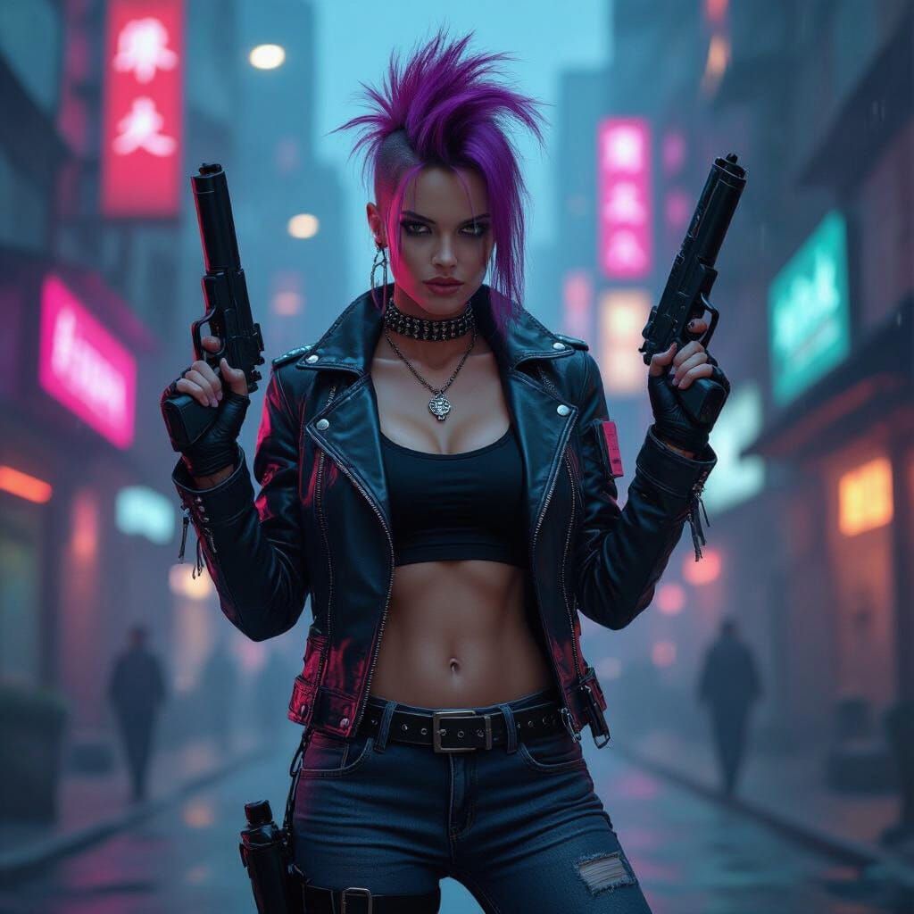 Cyberpunk Woman with Purple Mohawk in Neon Cityscape