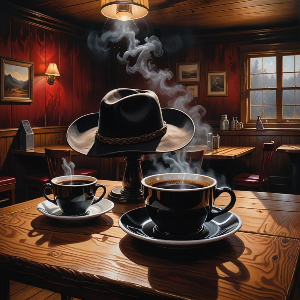 Surreal Cowboy Hat and Coffee in Moody Noir Style