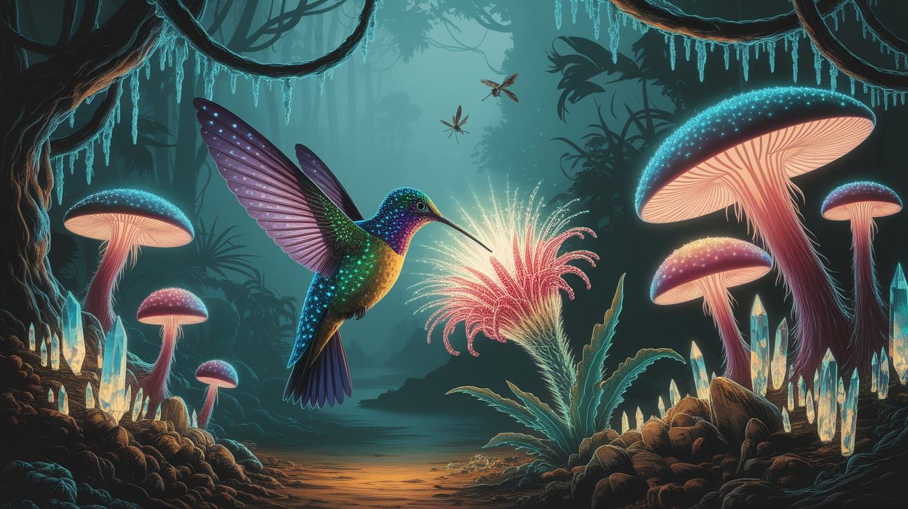 Bioluminescent Hummingbird in Alien Jungle, Art Nouveau Styl...