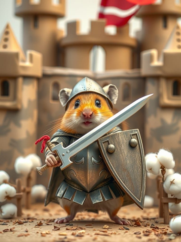 Whimsical Hamster Knight Defends Cardboard Castle