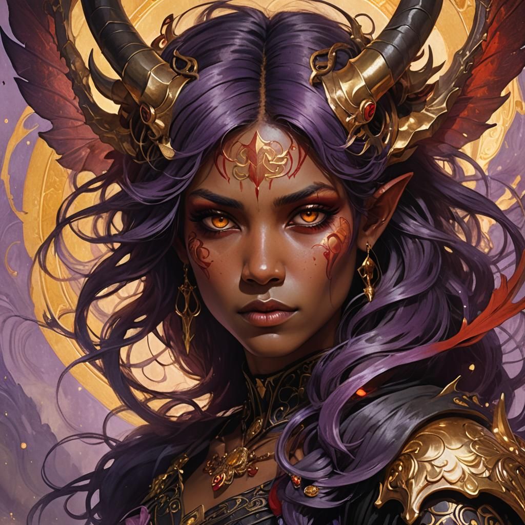 Dark Fantasy Portrait with Red Horns and Wings