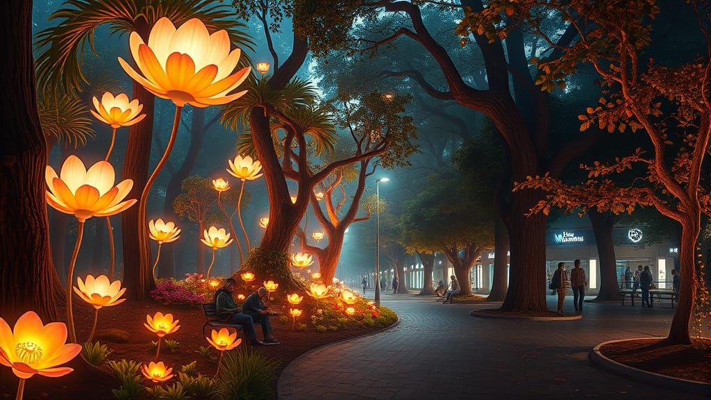 Dreamy Forest Meets Urban Park with Glowing Flora