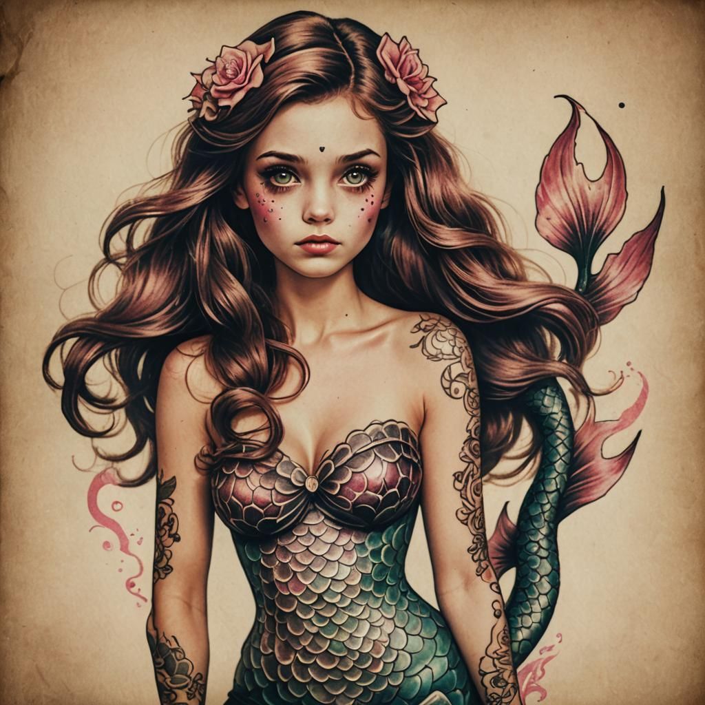 Vintage Tattoo Mermaid with Brown Hair