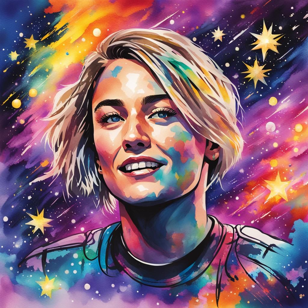 Woman's Cosmic Bliss: Vivid Watercolor Painting