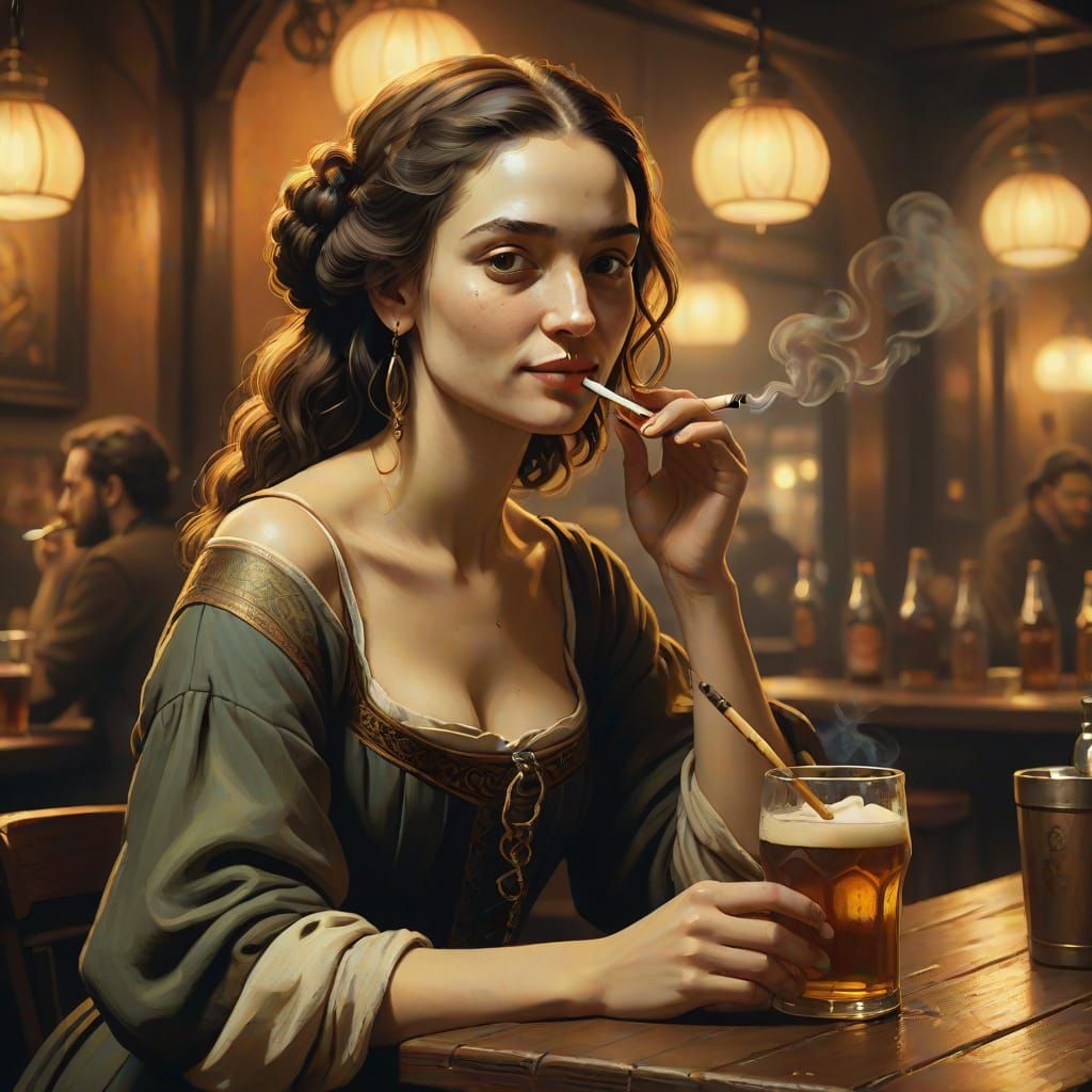 Woman with Mona Lisa Smile in Bar, Rembrandt-Inspired