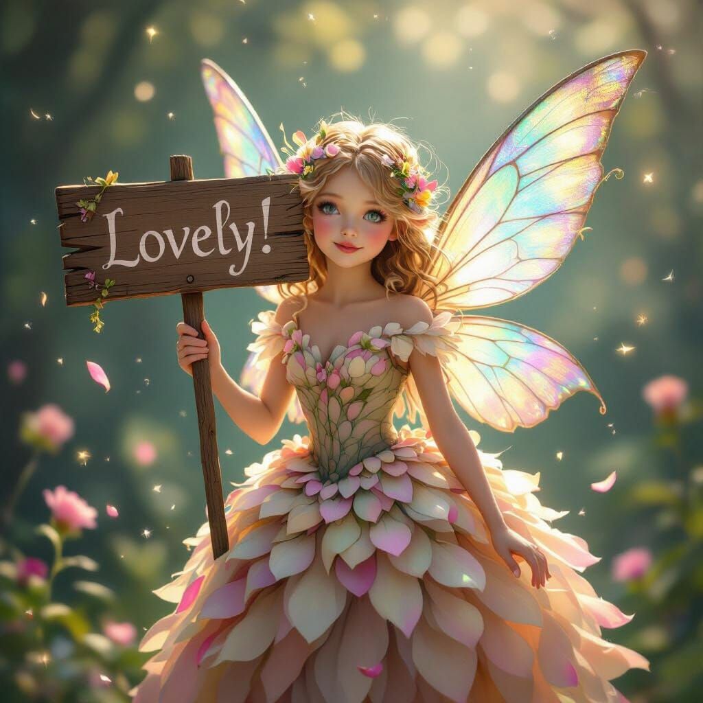 Whimsical Fairy Holds 'Lovely!' Sign in Ethereal Glow