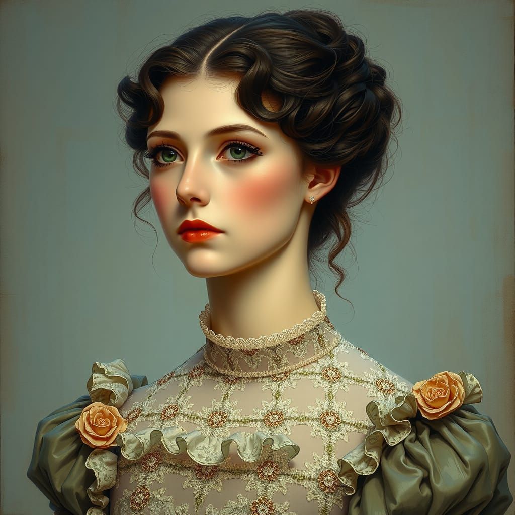 Ethereal Portrait in Golden Era Style with Soft, Feathery Br...