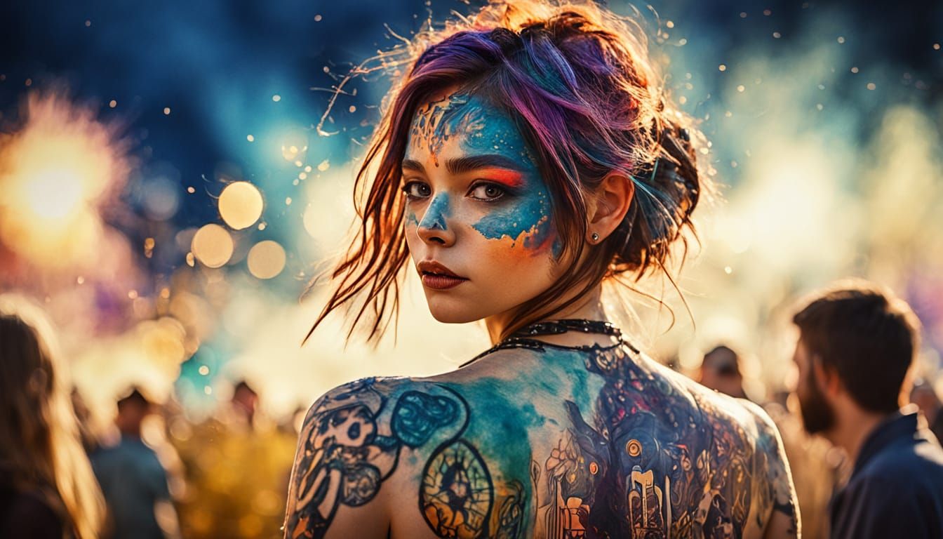 Glastonbury Festival Scene in Hyper-Realistic Watercolor